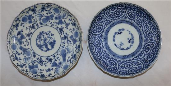 A rare Kakiemon moulded blue and white plate, c.1750-80, 16.5-21cm (5)